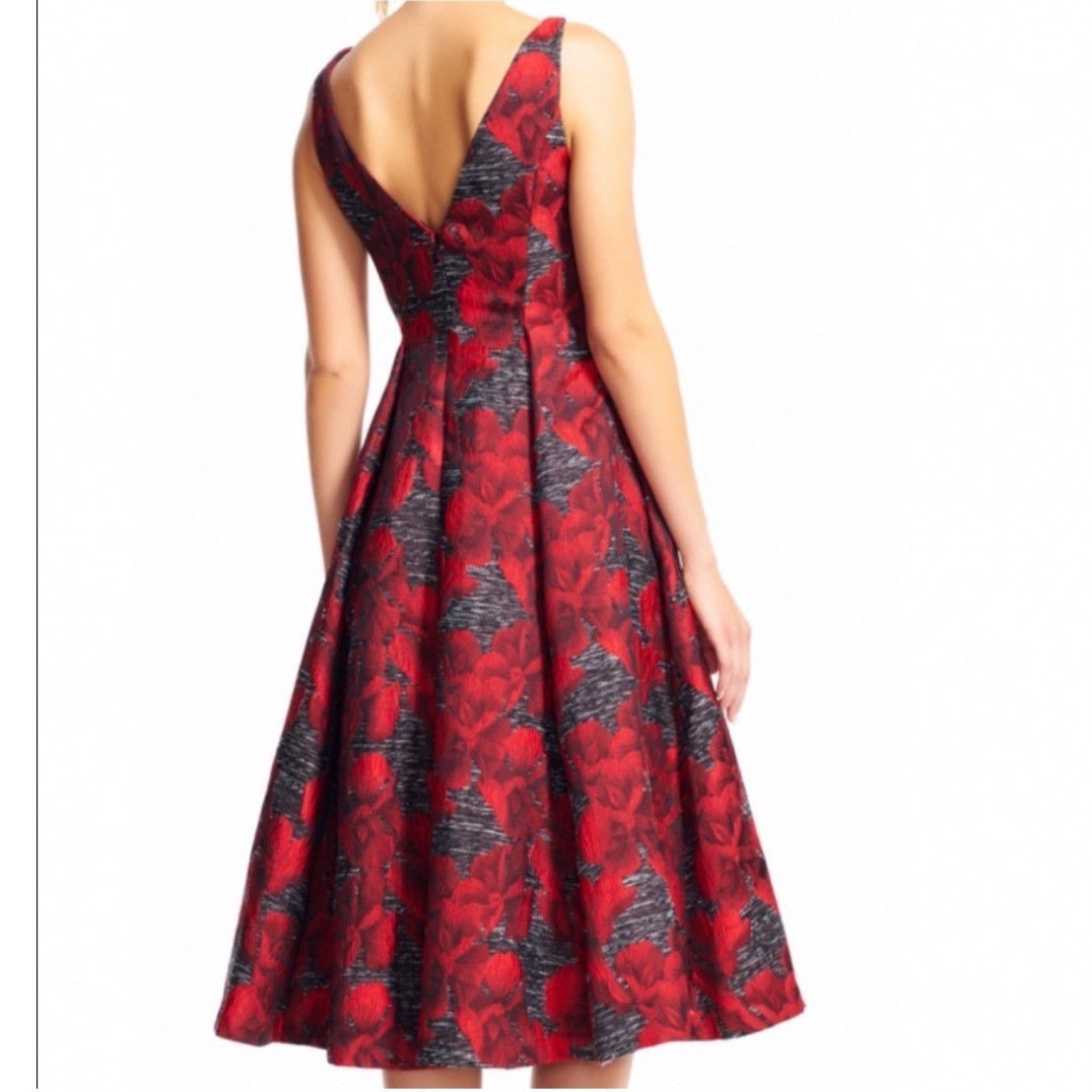 Adrianna Papell Floral Jacquard Fit & Flare Dress Red Black V-Back Old Money 4