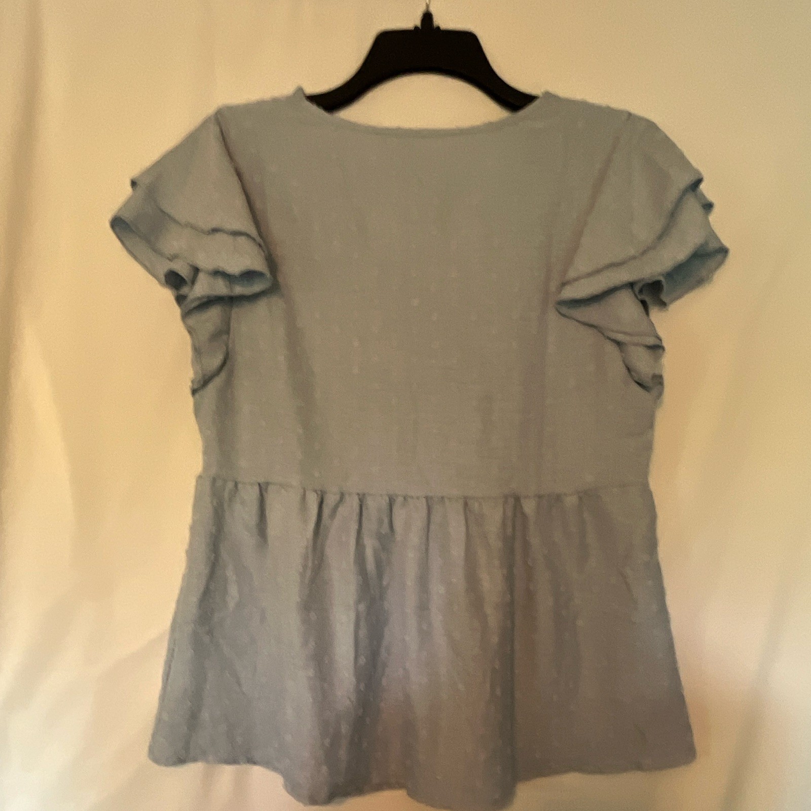 Falechay Blue Solid Lace V-Neck Pullover Short Ruffle Sleeve Blouse S