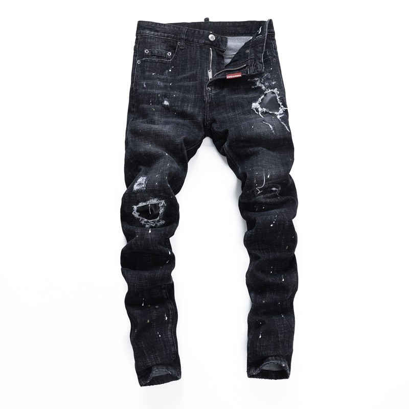 Men’s Punk Ripped PU Patch Slim fit Jeans Retro Classic High Quality Black Pants