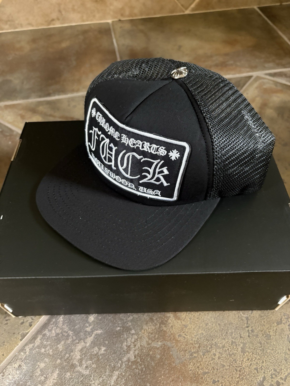 Black Trucker Hat w/ Graphic Patch, Cross, One Size Unisex