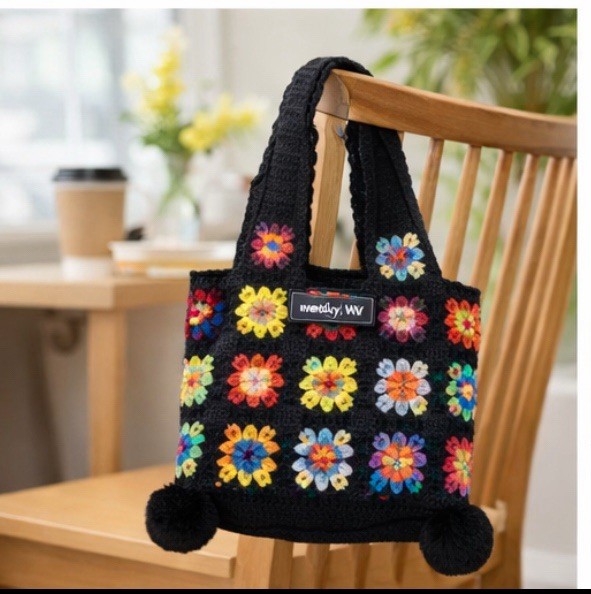 Handmade Crochet Tote Bag for Women – Colorful Granny Square Knit Shoulder Bag