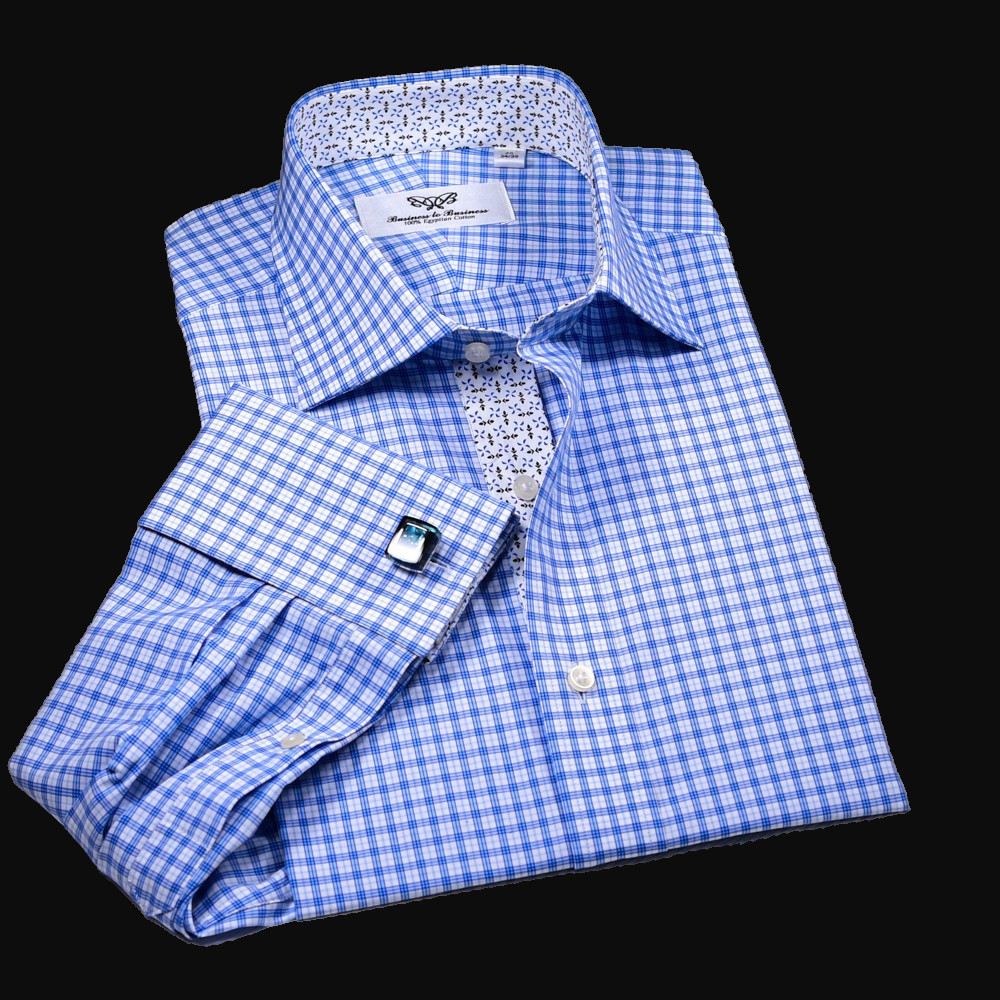 Light Blue Checkered Formal Business Shirt With Floral Inner Lining Top Quality