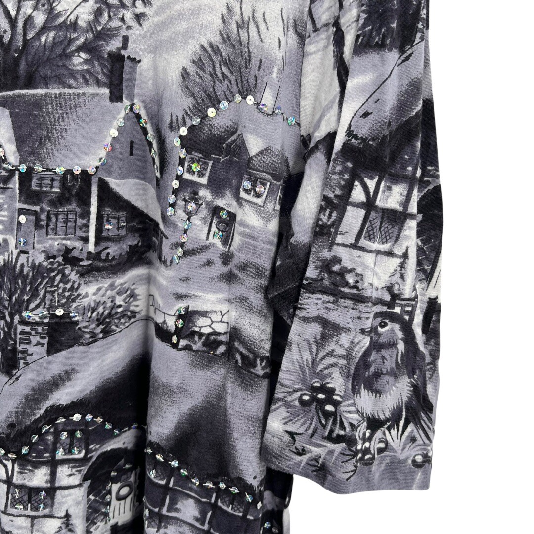 Liz & Me Grey Country Winter Scene Sequined Home Collectors Tee 14/16W