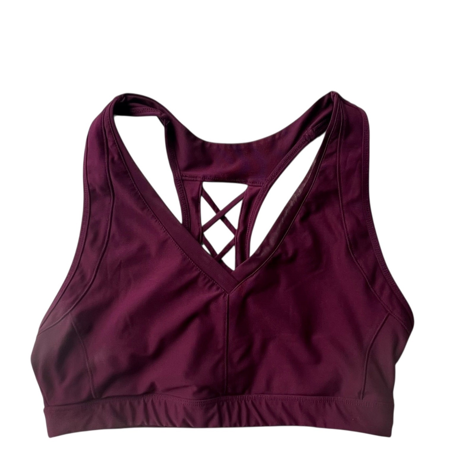 AVIA Black Cherry Red Sheer Strip lattice back sports bra workout yoga size L