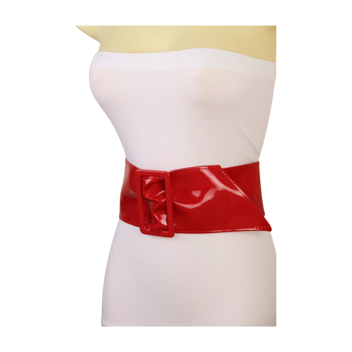 Women Red Faux Patent Leather Wide Premium Fashion Cool Belt Big Buckles Fit S M