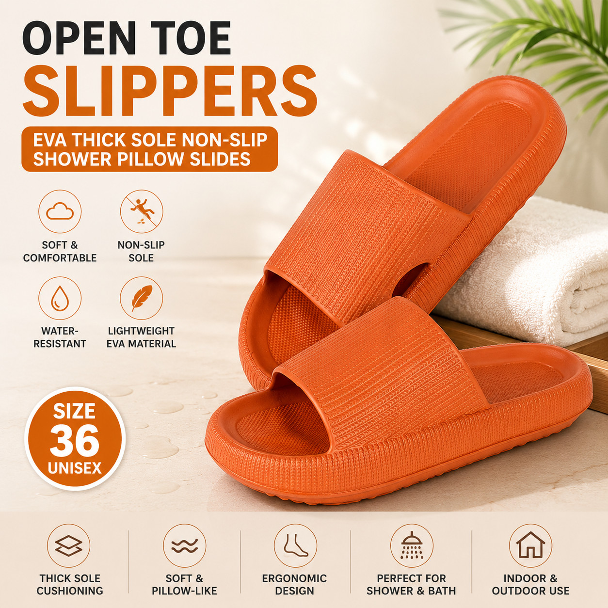 Size 36 Cloud Pillow Slippers, Ultra-Soft Quick-Dry Bathroom Slippers Orange