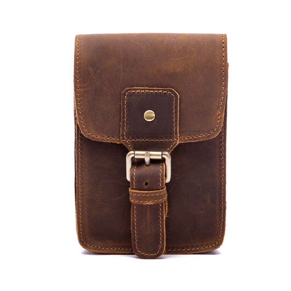 Crazy Horse Leather Men Small Waist Bag Pouch Hook Fanny Waist Belt Pack#