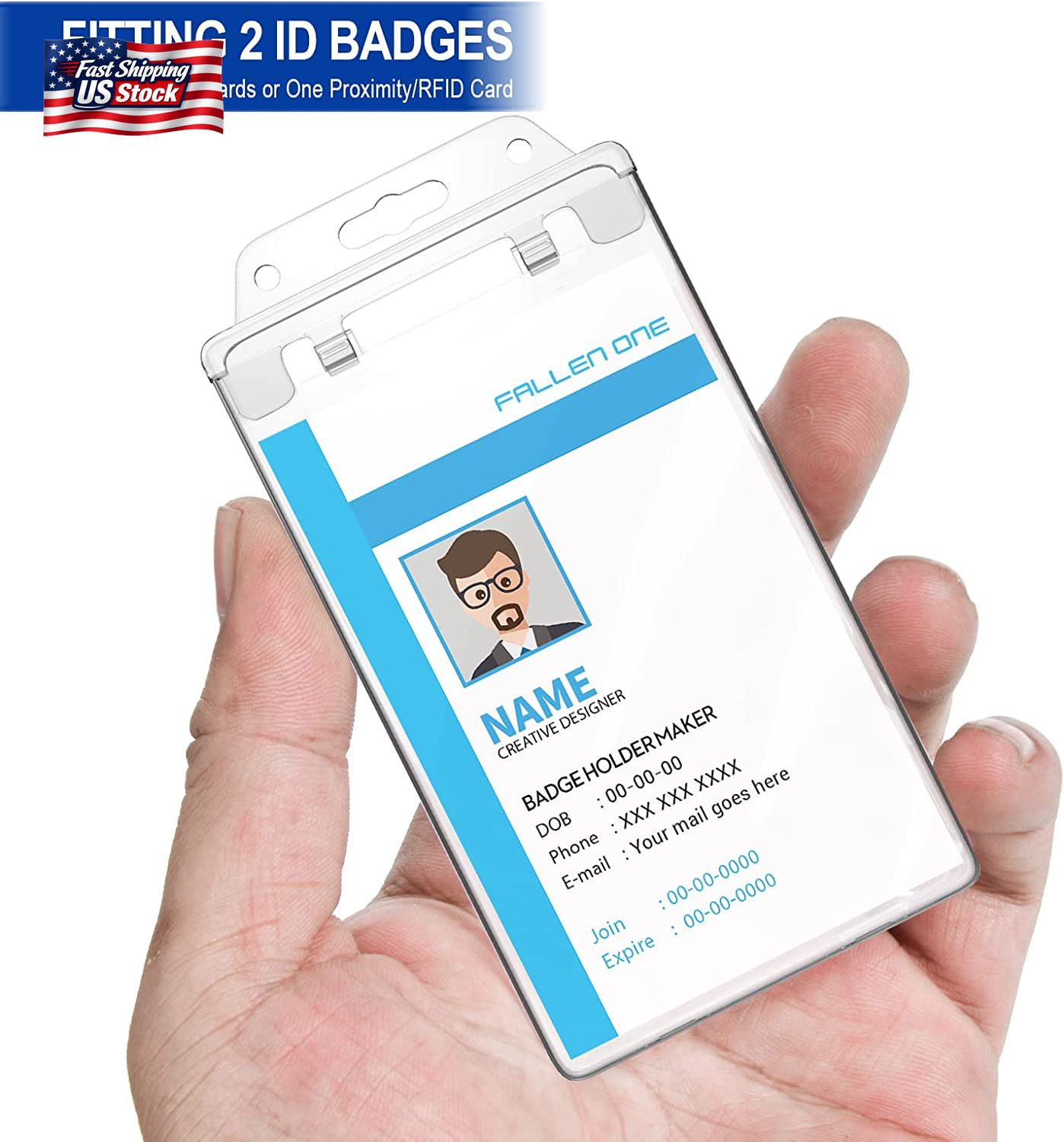 2 Pack Clear ID Badge Holder for Lanyard Hard Plastic ID Card Holder by Fallen O