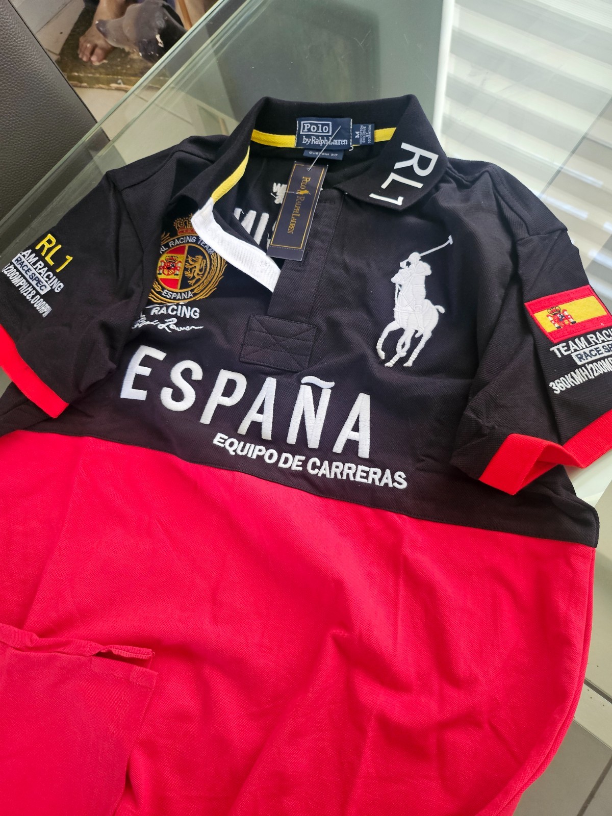 Polo Ralph Lauren RL Racing España Polo Shirt Men’s Black Red Big Pony 3 Spain