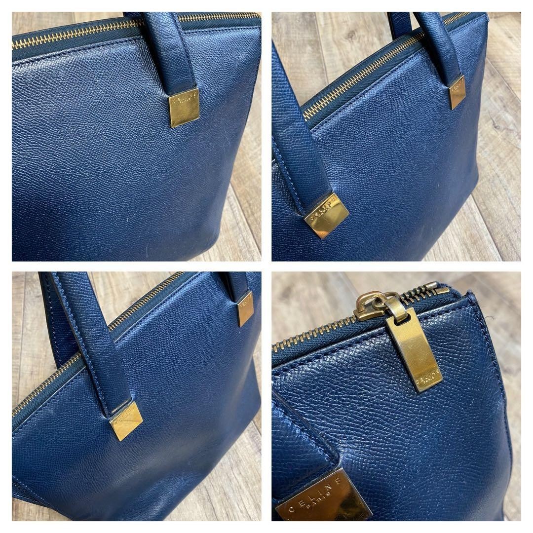 CELINE Authentic Vintage Navy Leather Tote Handbag Gold Logo Zip Top Bag