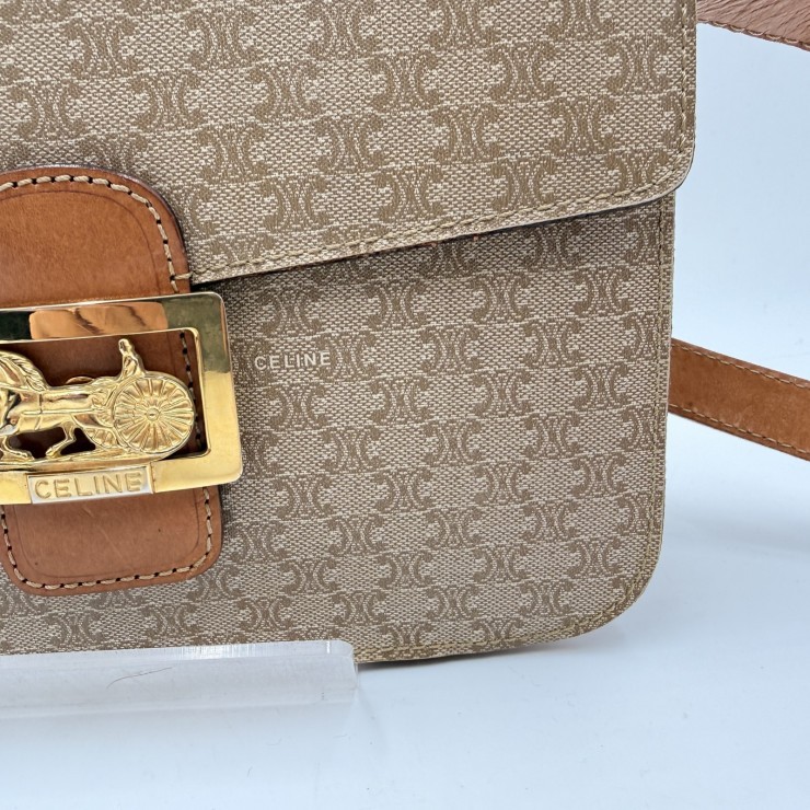 CELINE Vintage Macadam Shoulder Bag in Beige PVC and Leather with Gold-Tone …