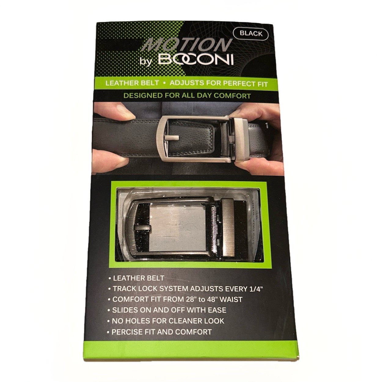 Boconi Motion Mens Black Leather Ratchet Belt Track Lock Adjustable 28-48 Waist