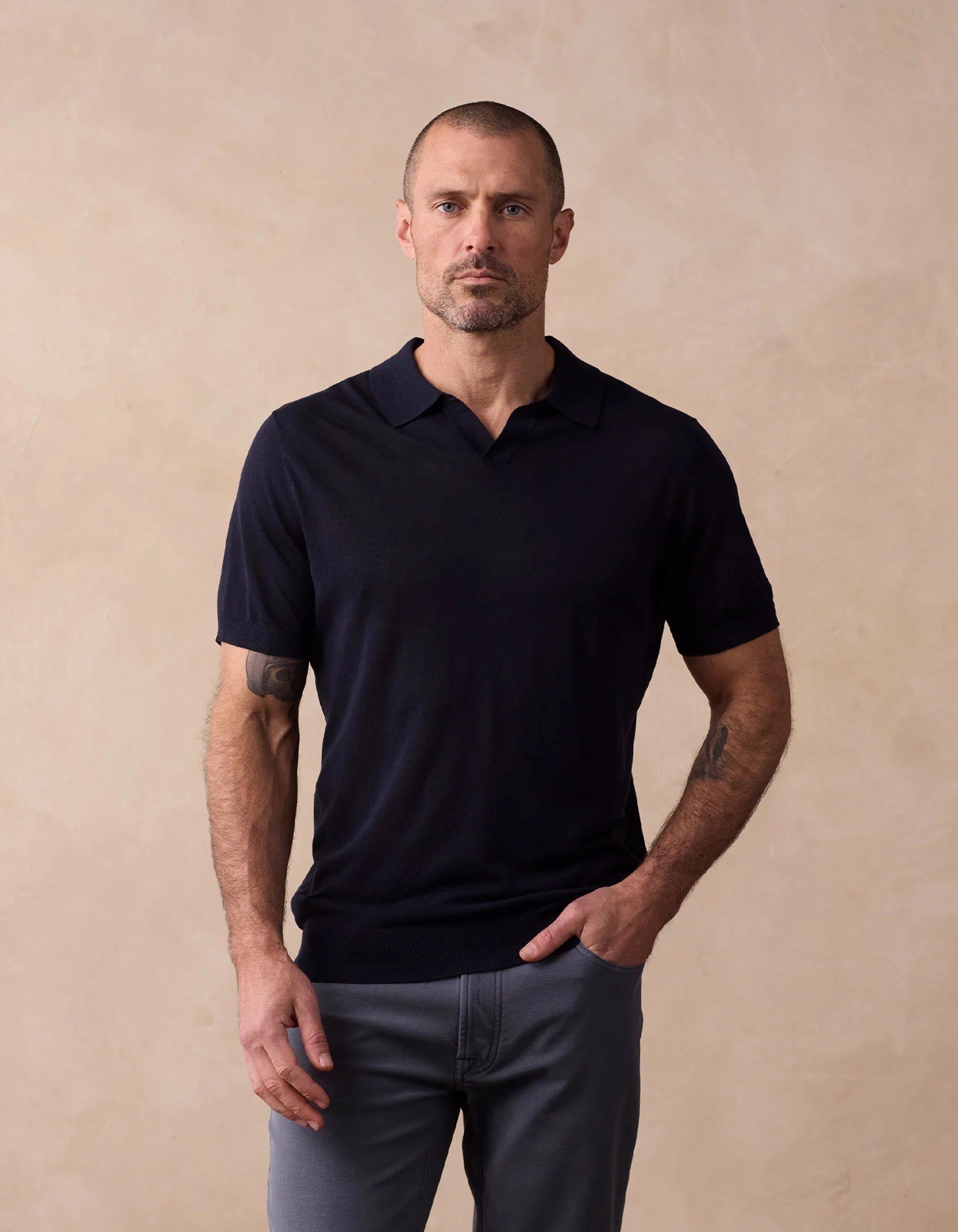 Normal Brand Summer Linen Blend Polo Navy Blue Size Medium