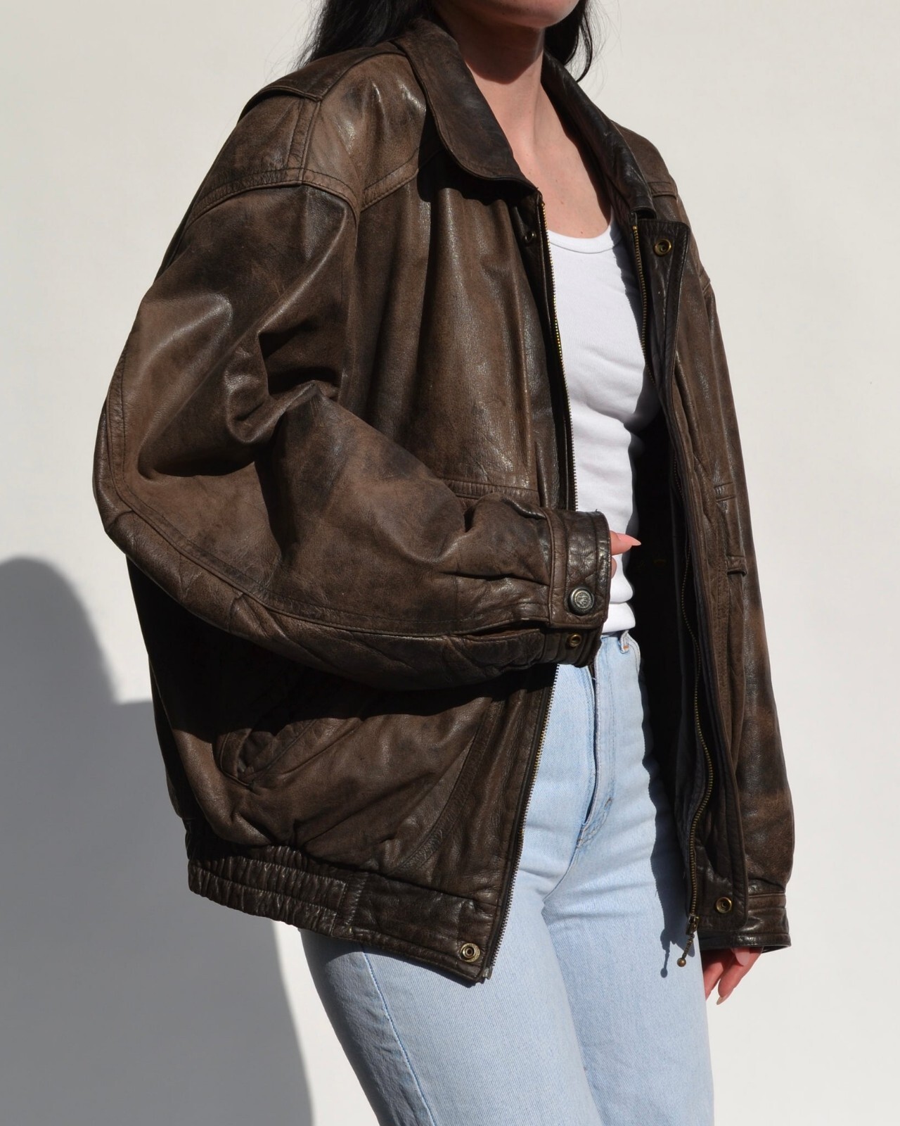 90s Women’s Baggy Style Distressed Brown Oversized Leather Bomber Jacket