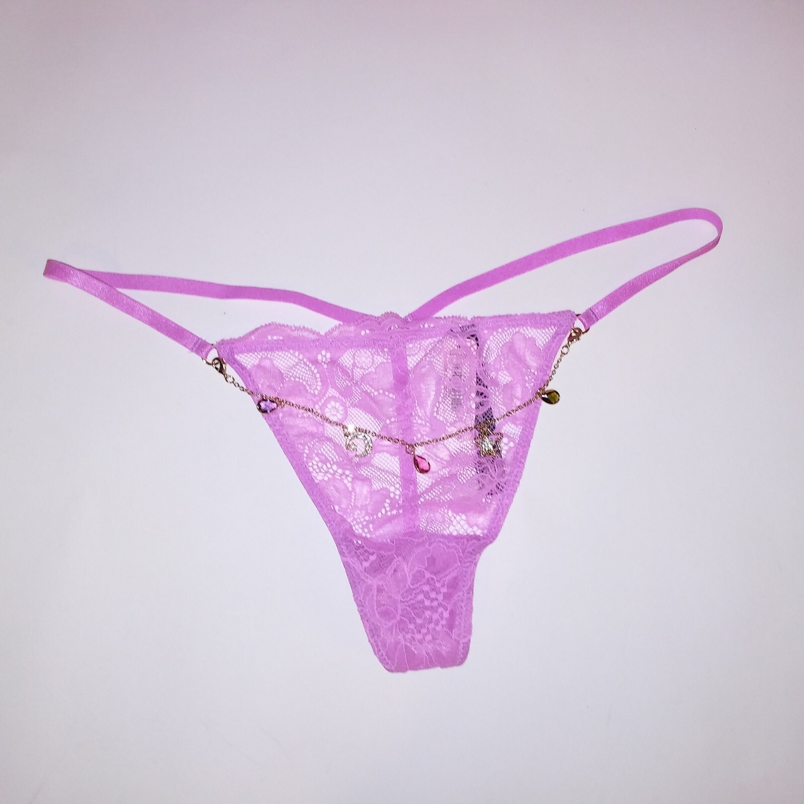 Victoria Secret Panty Thong V String Pinkish Purple Charm Chain Link Lace New