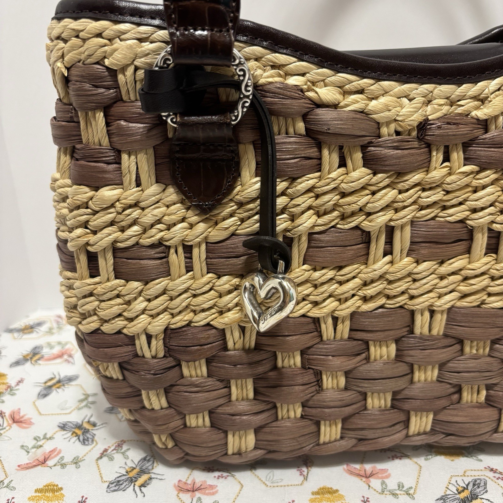 Brighton Brown Beige Woven Tote Bag Heart Charm Magnetic Closure Lined Pockets