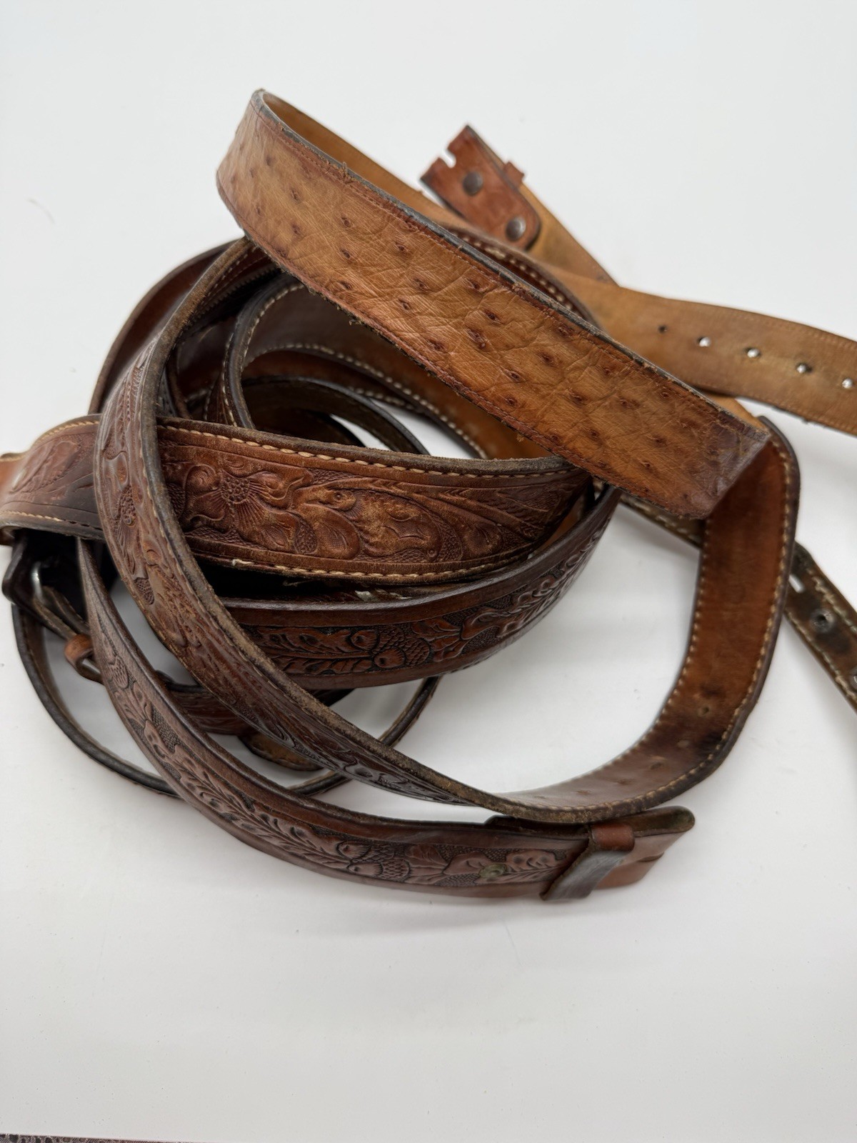 Lot of 5 Leather Belts Vintage Western Style Buckle Replacement Parts See Photos