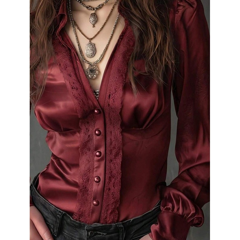 Womens Satin Long-sleeve Shirt With A Turn-down Collar