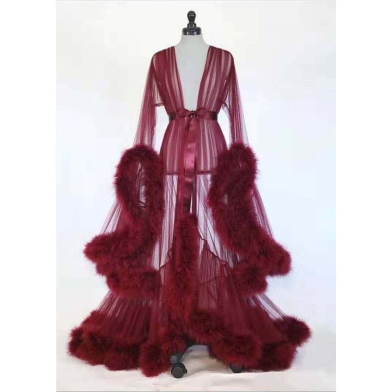 Sheer Tulle Feather Trim Long Robe Bridal Lingerie Dressing Gown Photoshoot