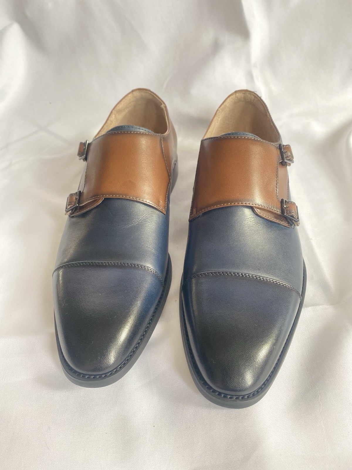 Stacy Adams Raythorne Cap Toe Double Monk Strap Navy Brown Leather Oxford Men 11