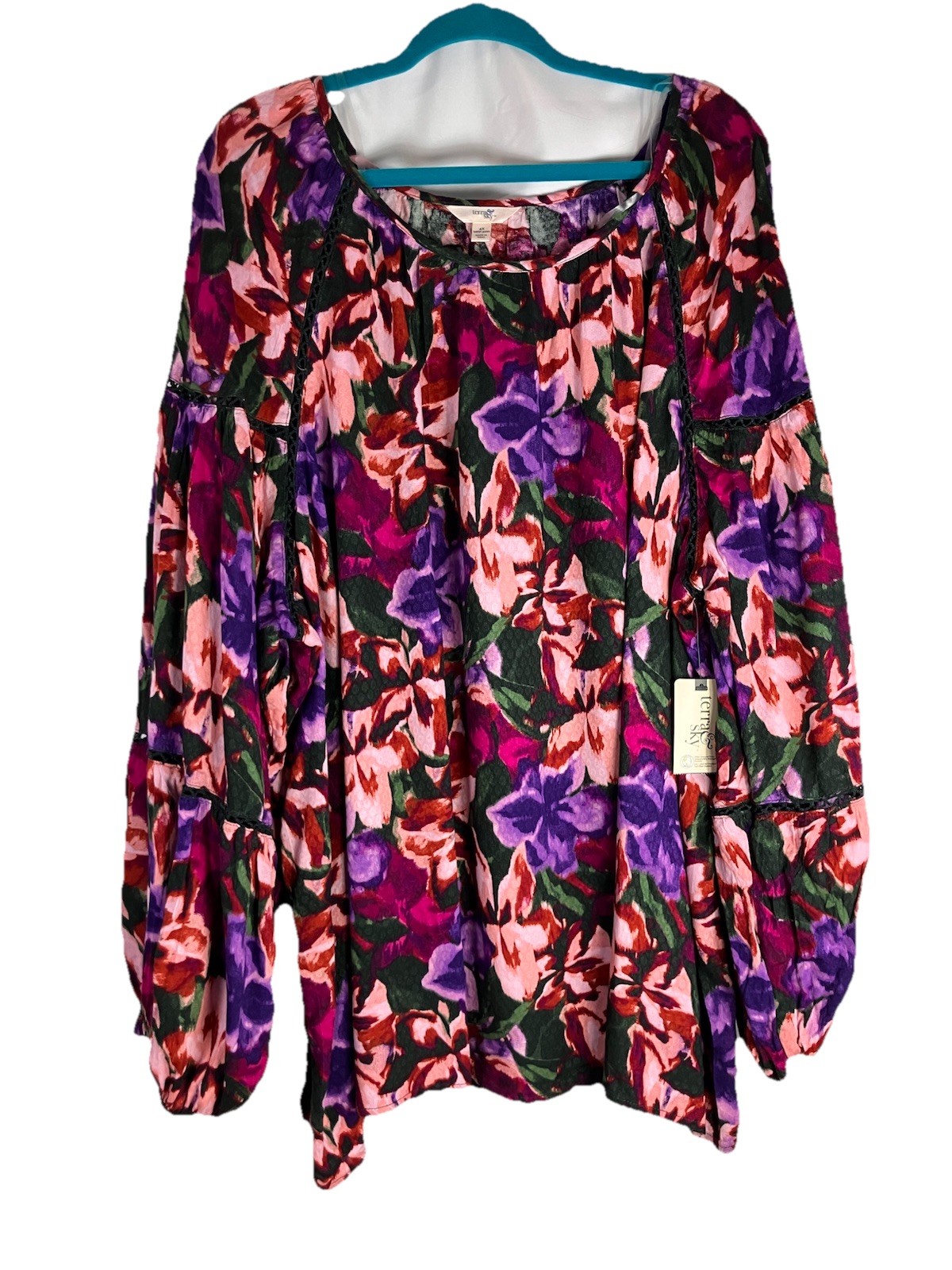 Terra & Sky 4X NWT Green Purple Pink LS Tunic Top Embroidered Boho Artsy