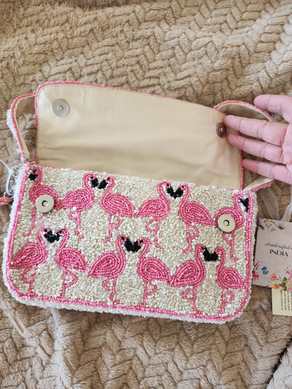 NWT New Release Handcrafted in India Pink Flamingo Beaded Shoulder Bag & charm