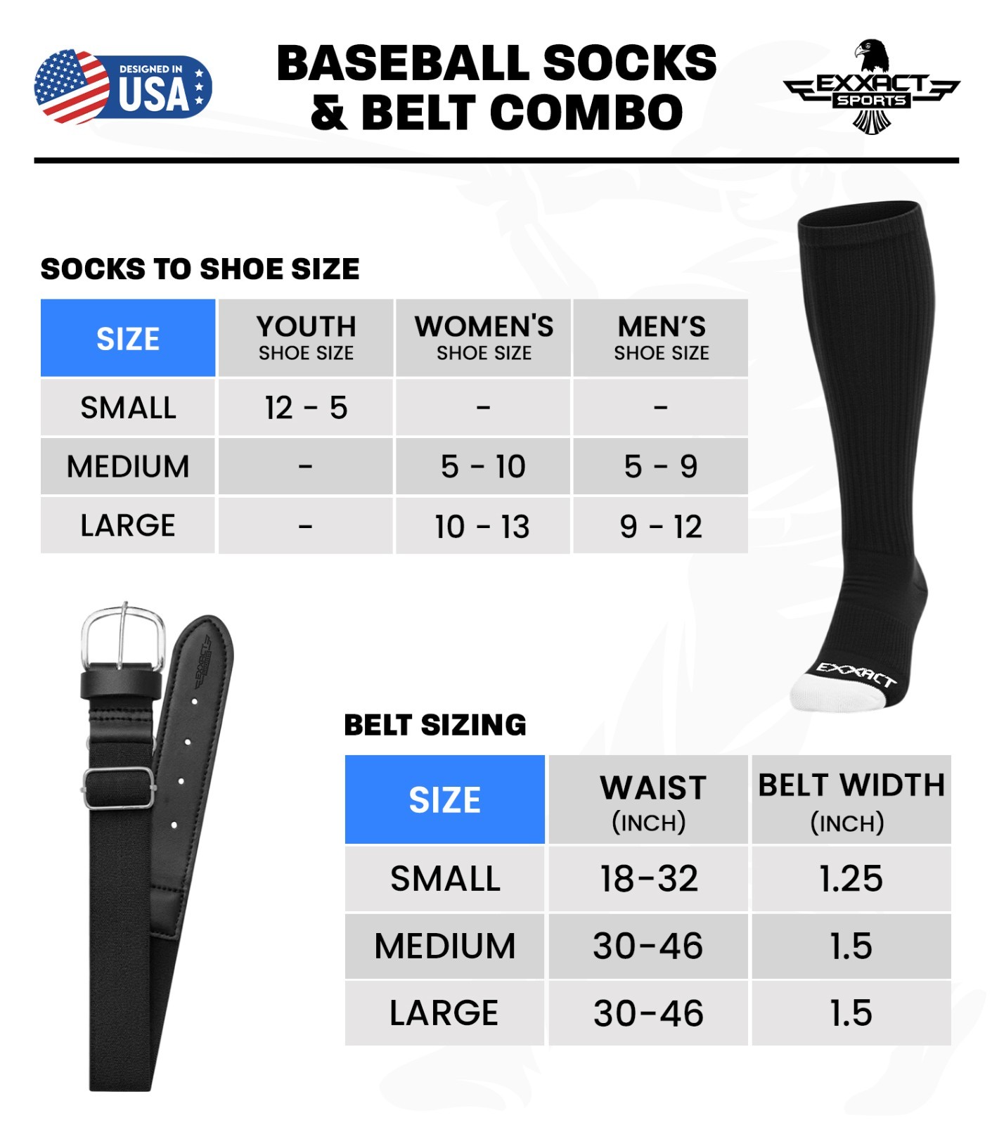 Exxact Sports Baseball/Softball Socks and Belt Combo, Adult & Youth Sizes