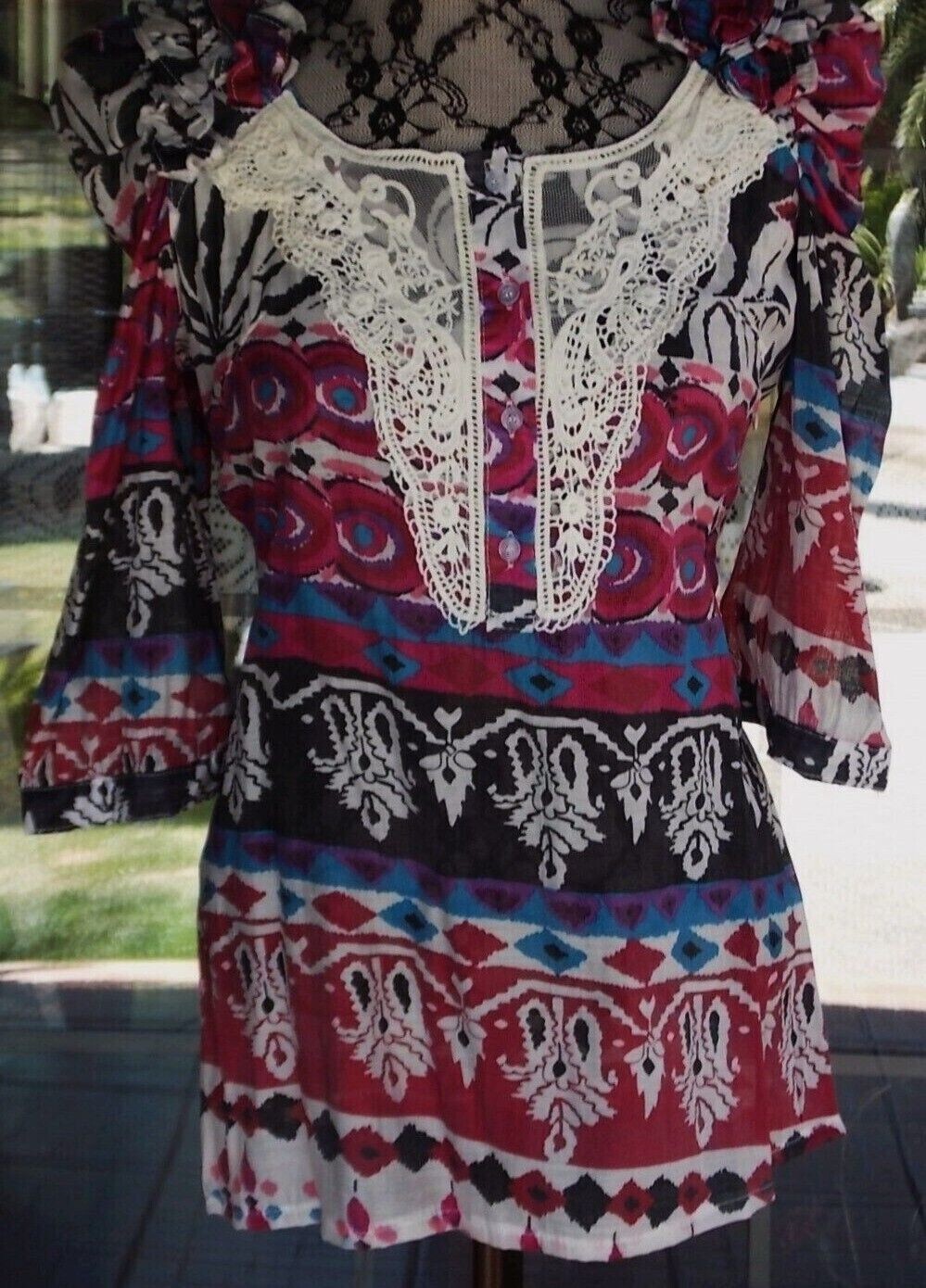 New Puffy Sleeve Ruffle Shoulders Macrame Bodice Long Tunic Shirt Sz. M 36″