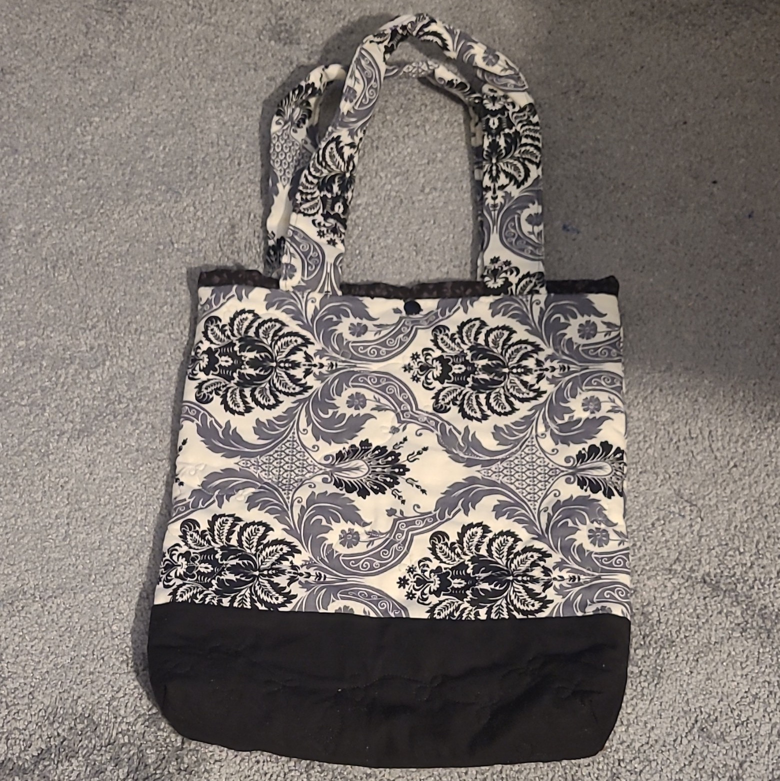 Black White Gray Floral Tote Bag, Snap Closure, Lined, Inner Pockets, Women