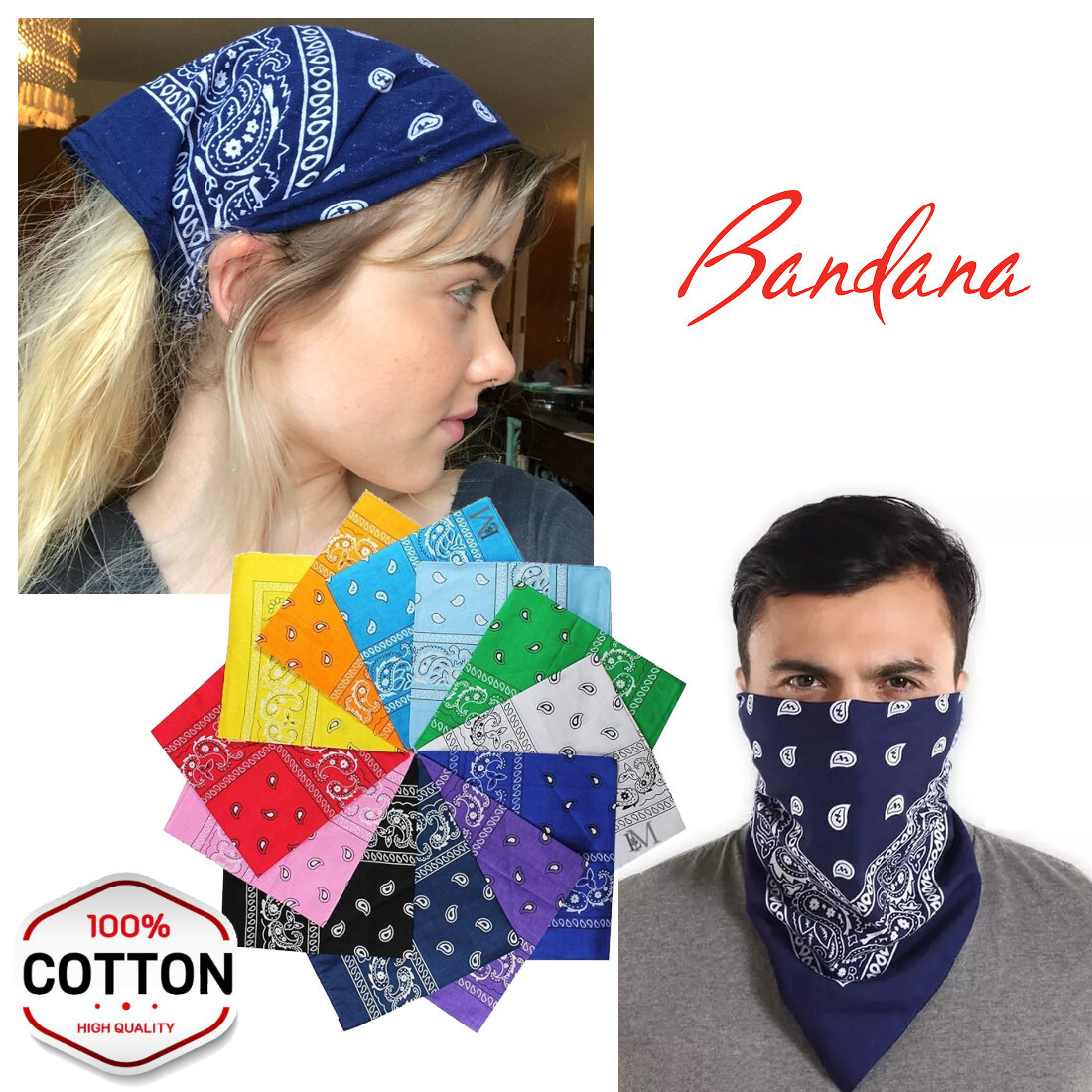 3-Pack Bandana 100% Cotton Paisley Print Double-Sided Scarf Head Neck Face Mask