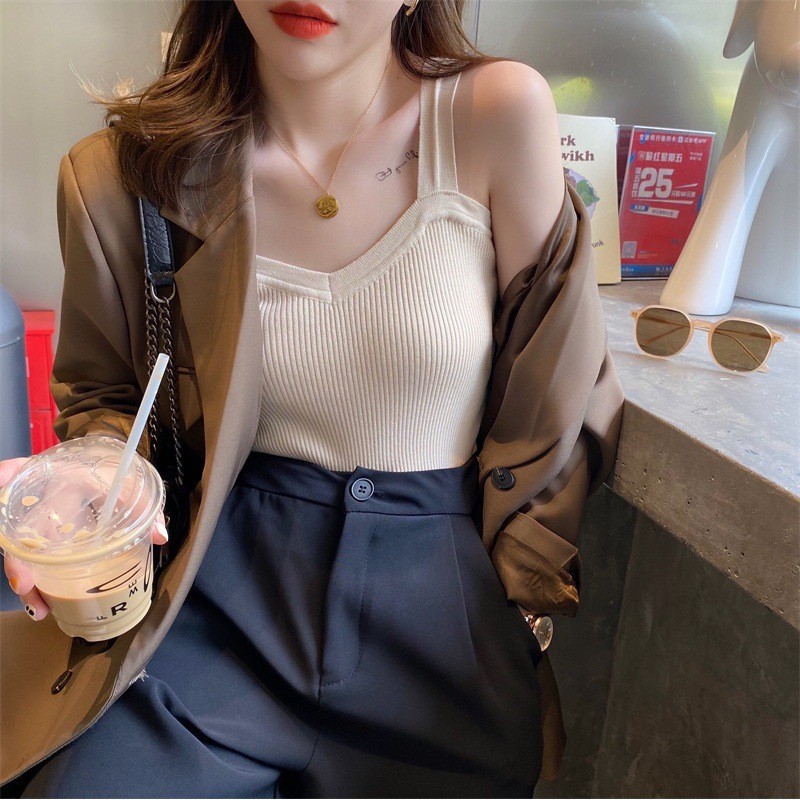 Women’s Fashion Elegant Knitted Camisole Bottoming Undershirt White Casual Tops
