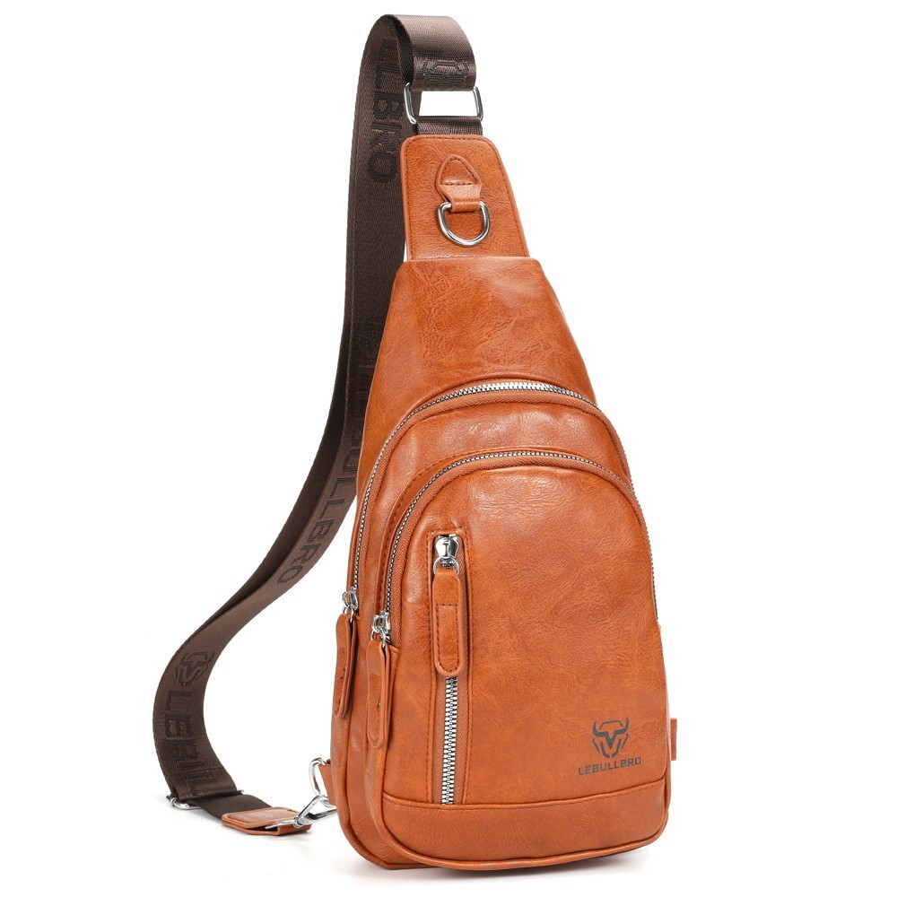 LEBULLBRO Men Leather Sling Bag Crossbody Chest Bag Shoulder Bag for Travel Work