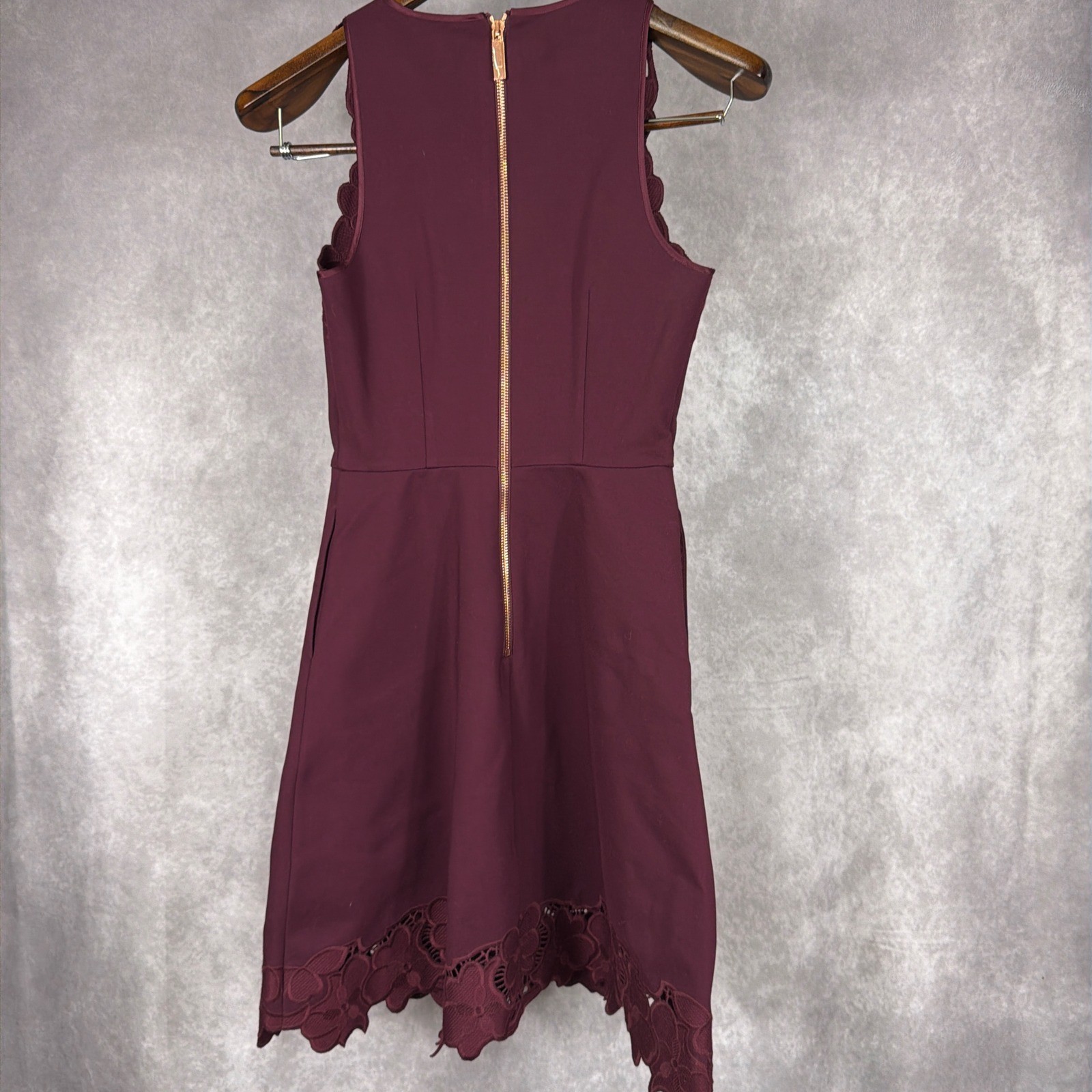 Ted Baker Emmona Floral Lace Cut Out Fit and Flare Dress Size 1 Burgundy Maroon