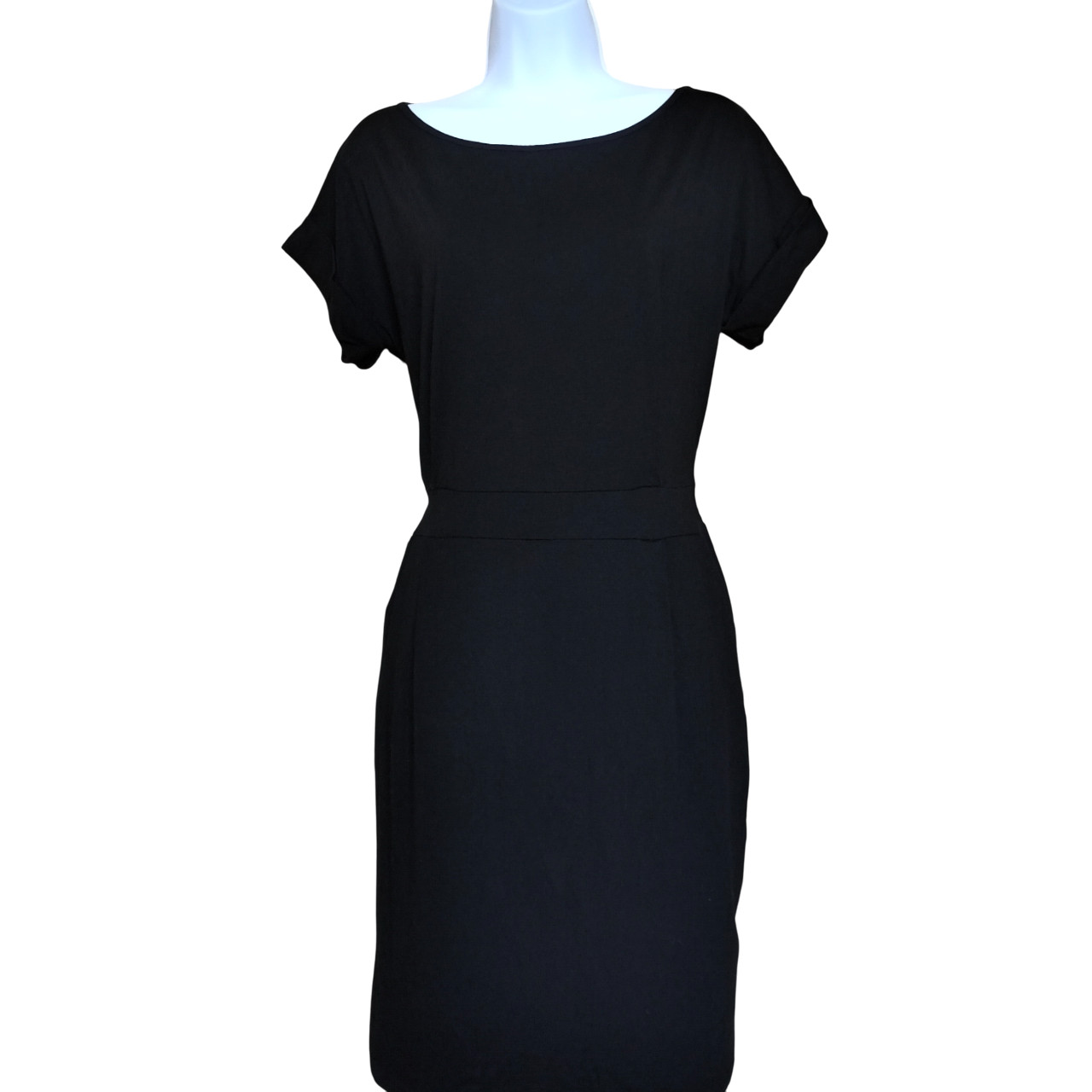 Fashion Womens Minimalist Black Dress Large Short Sleeve Stretch Tie Back Casual