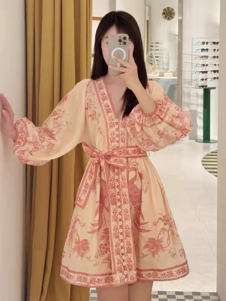 NWT Zimmermann Summer Resort VNeck Lantern Sleeve Floral Print Belted Mini Dress