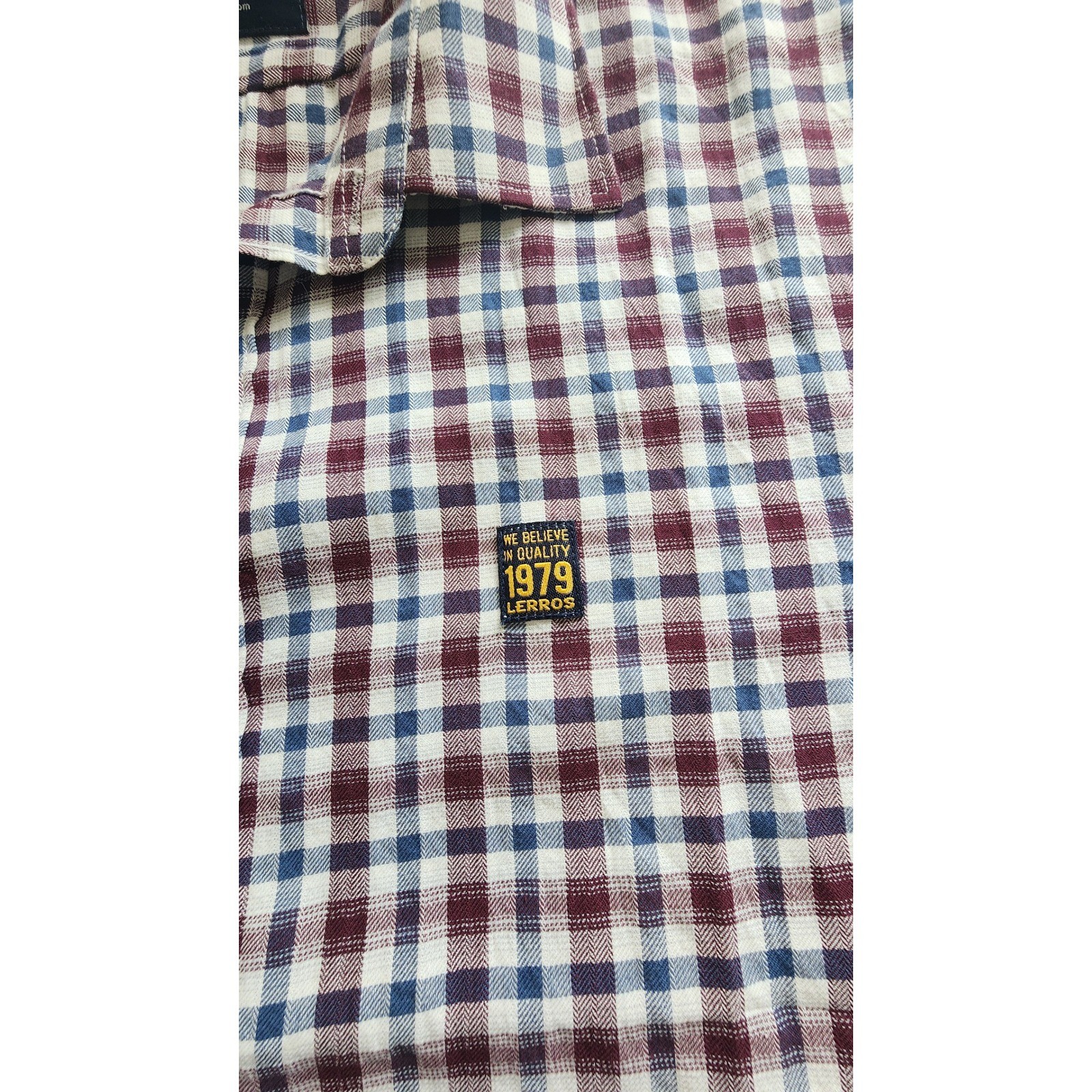 Lerros Mens Short Sleeve Plaid Button Down Shirt Burgundy Navy 100% Cotton XL