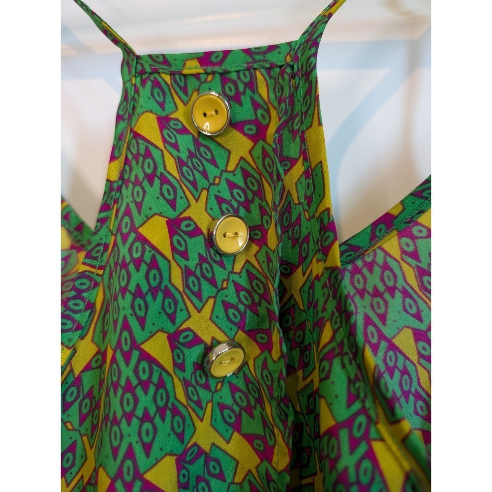 Entro Geometric Print Racerback Tulip Back Camisole Tank Top Green Yellow Purple