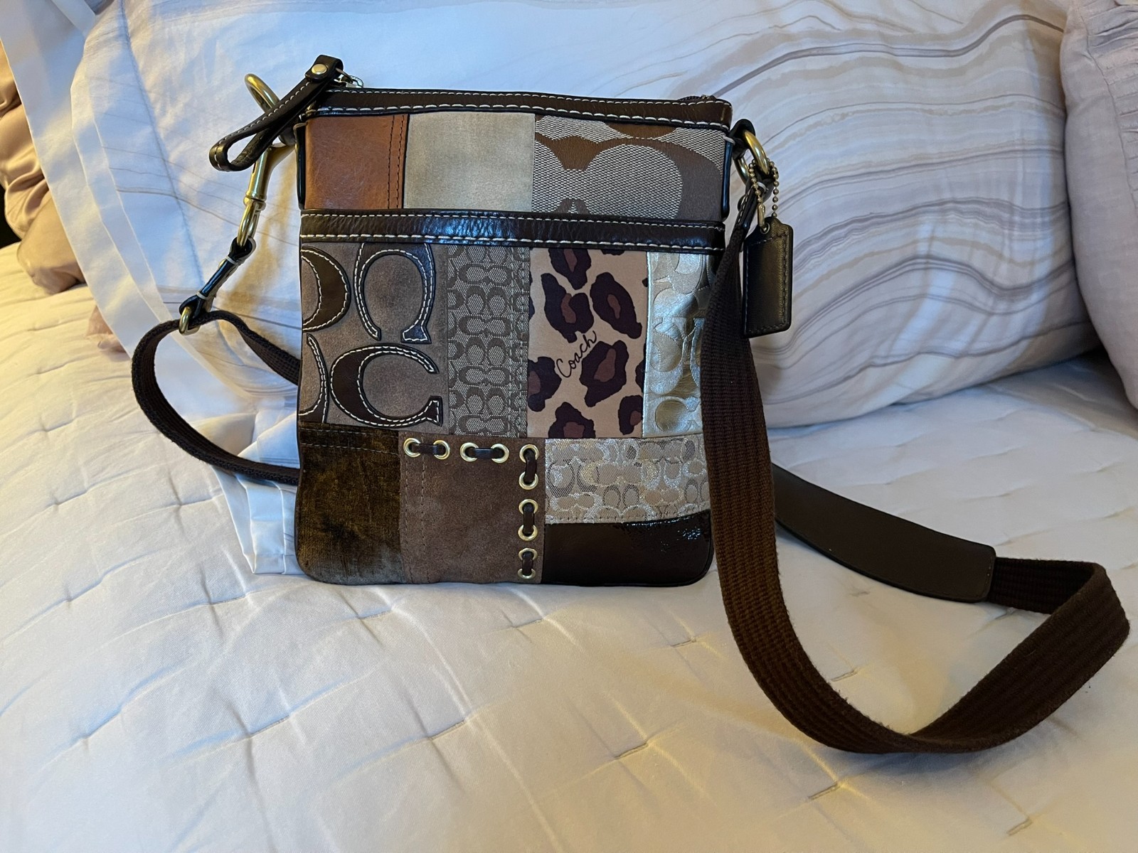 Coach Patchwork Swingpack Crossbody + Matching Wristlet Y2K Mixed Media Leopard