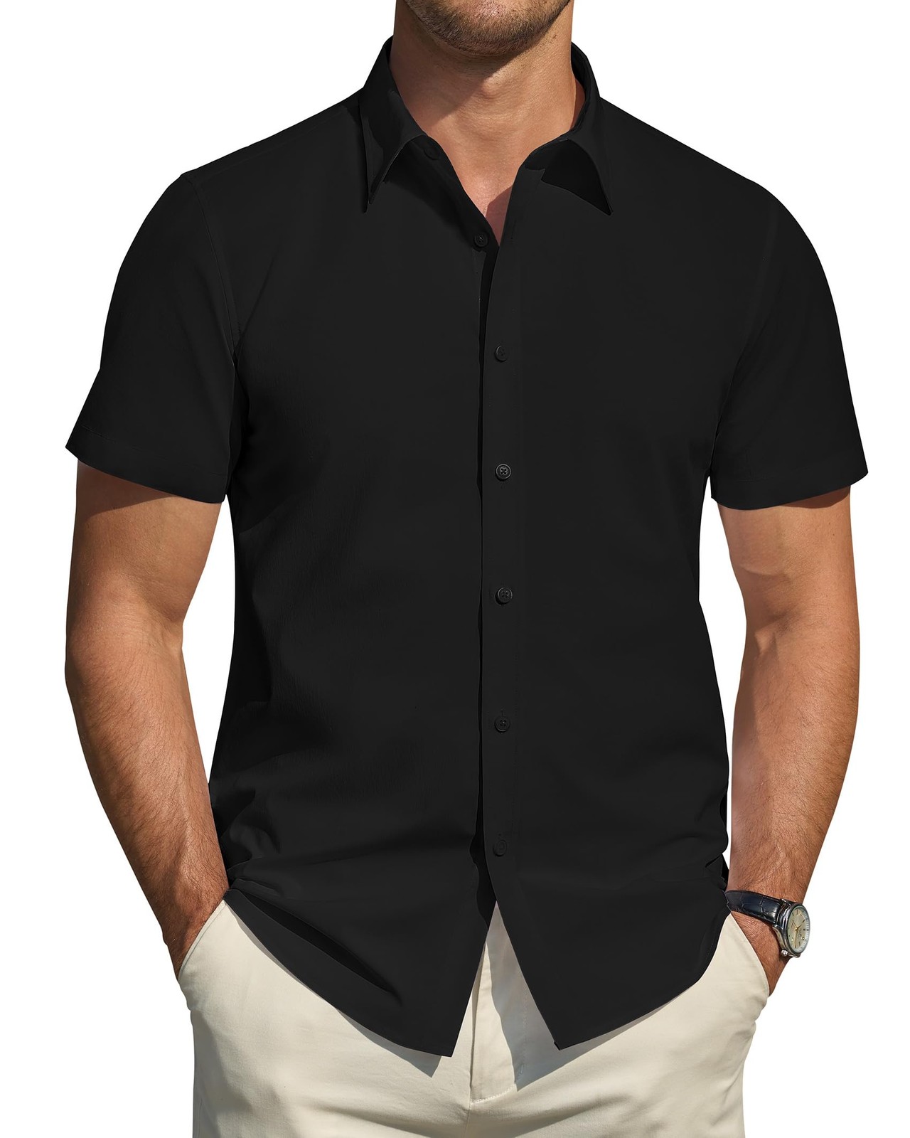 Men’s Short Sleeve Dress Shirts Stretch Stain Shield Casual Button Down Shirts S