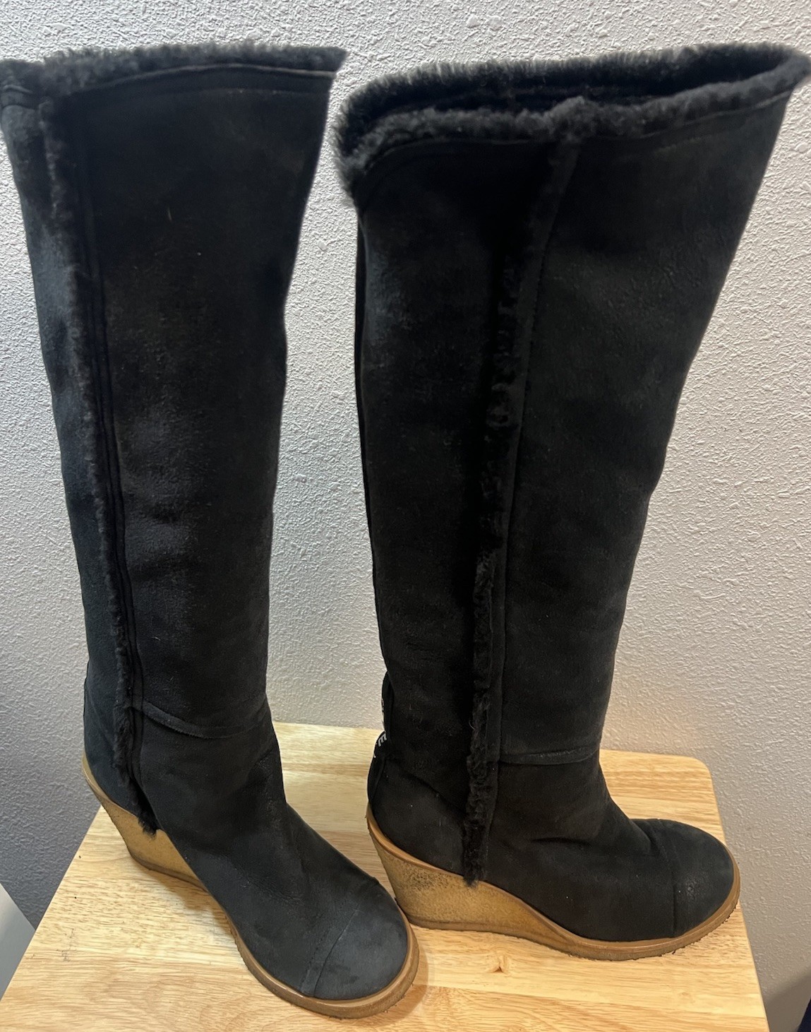 Chanel Boots 40 Wedge Knee High Suede Sherpa Fur Lined Biker Moto Spellout Logos