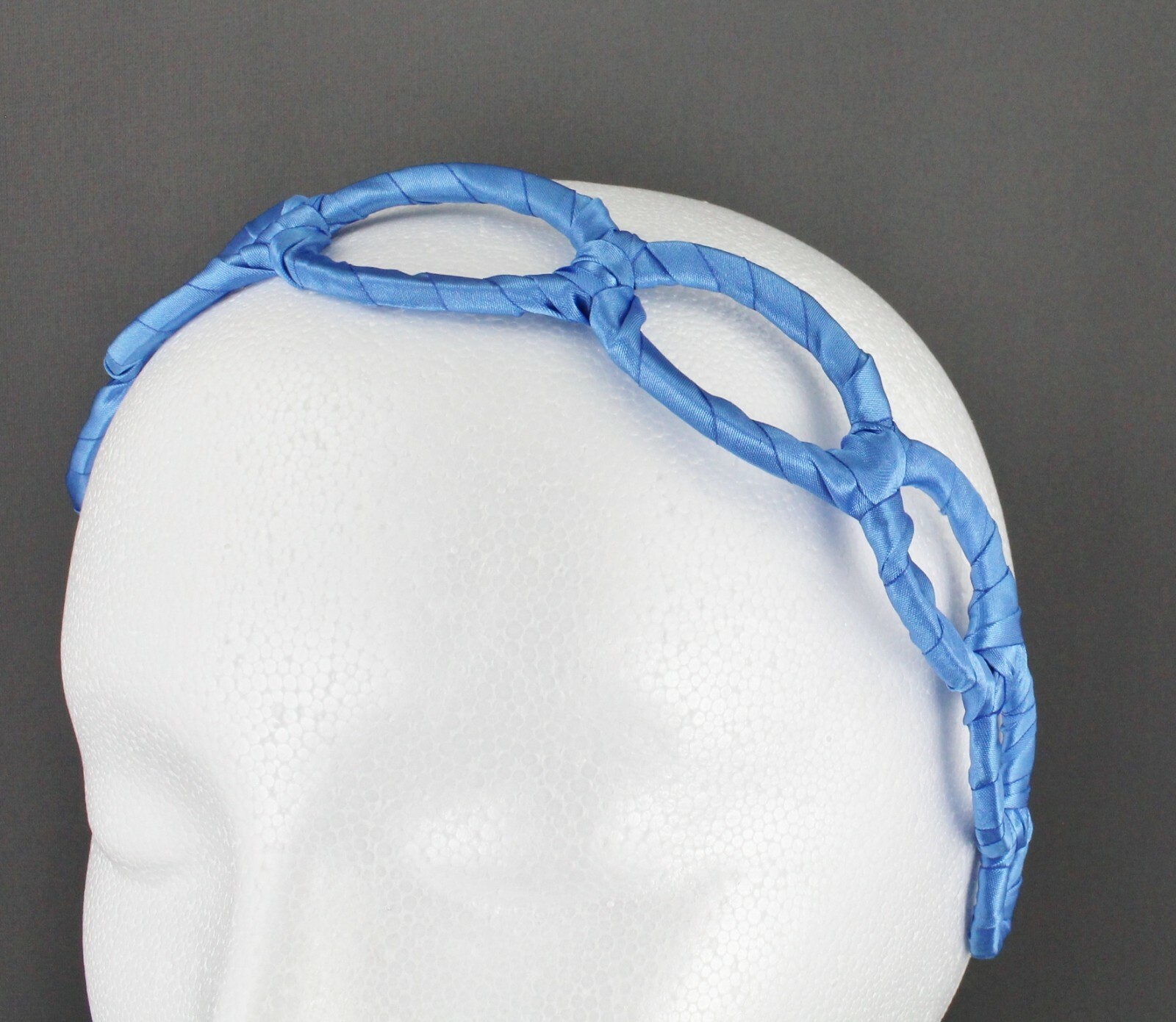 Aqua satin wrapped fabric 1 3/8″ wide headband oval chain link cut out pattern