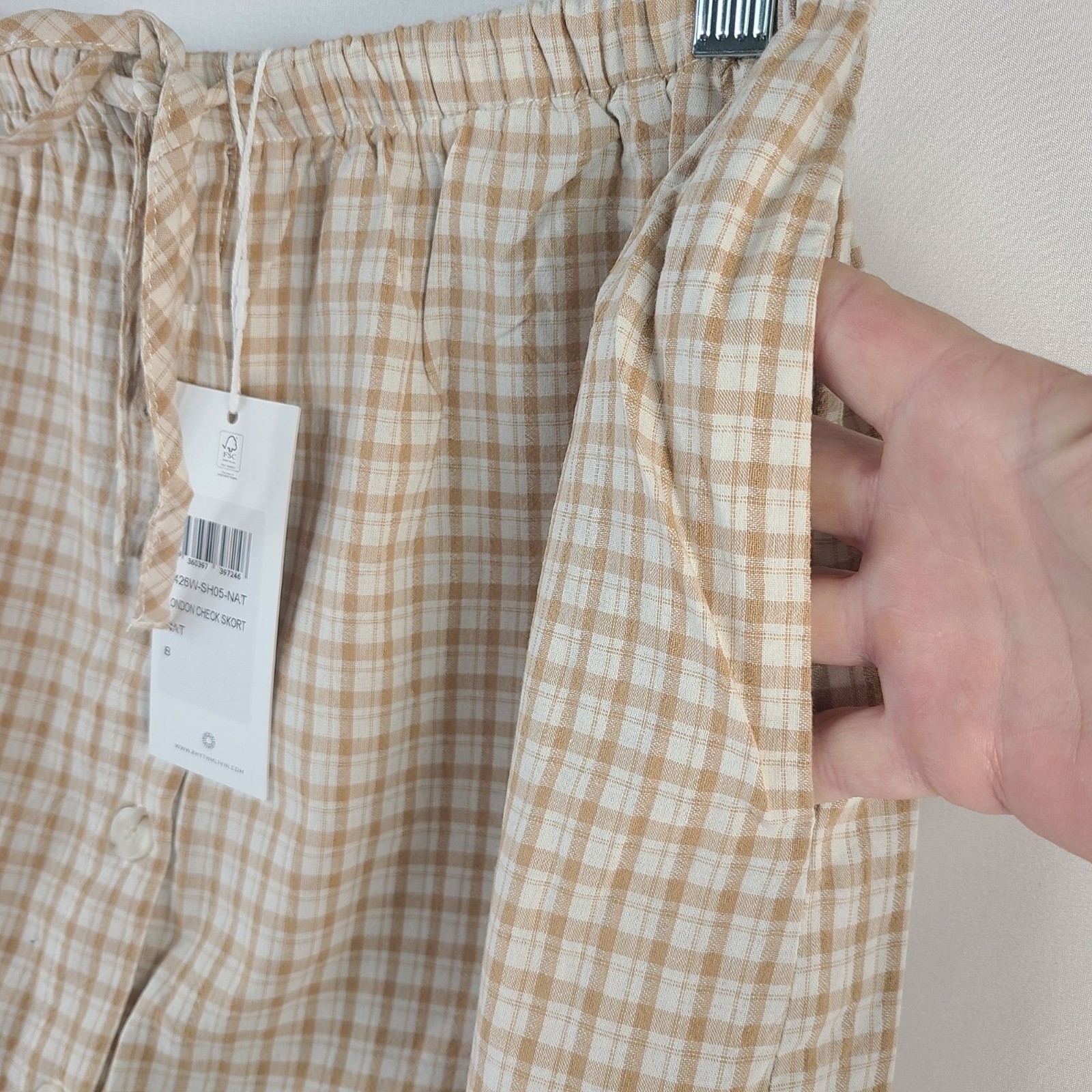 NEW Rhythm London Check Skort Beige & White Plaid Cotton Blend Women’s Size 8