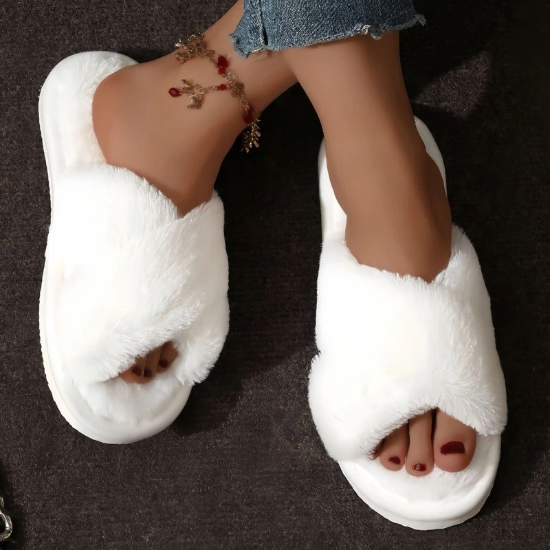 Cross Warm Fluffy Fur Slippers Women Open Toe Non Slip Home Floor Shoes