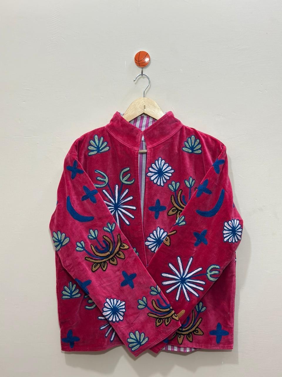 Pink Floral Velvet Suzani Jacket Handmade Embroidered Festival Fashionable Coat