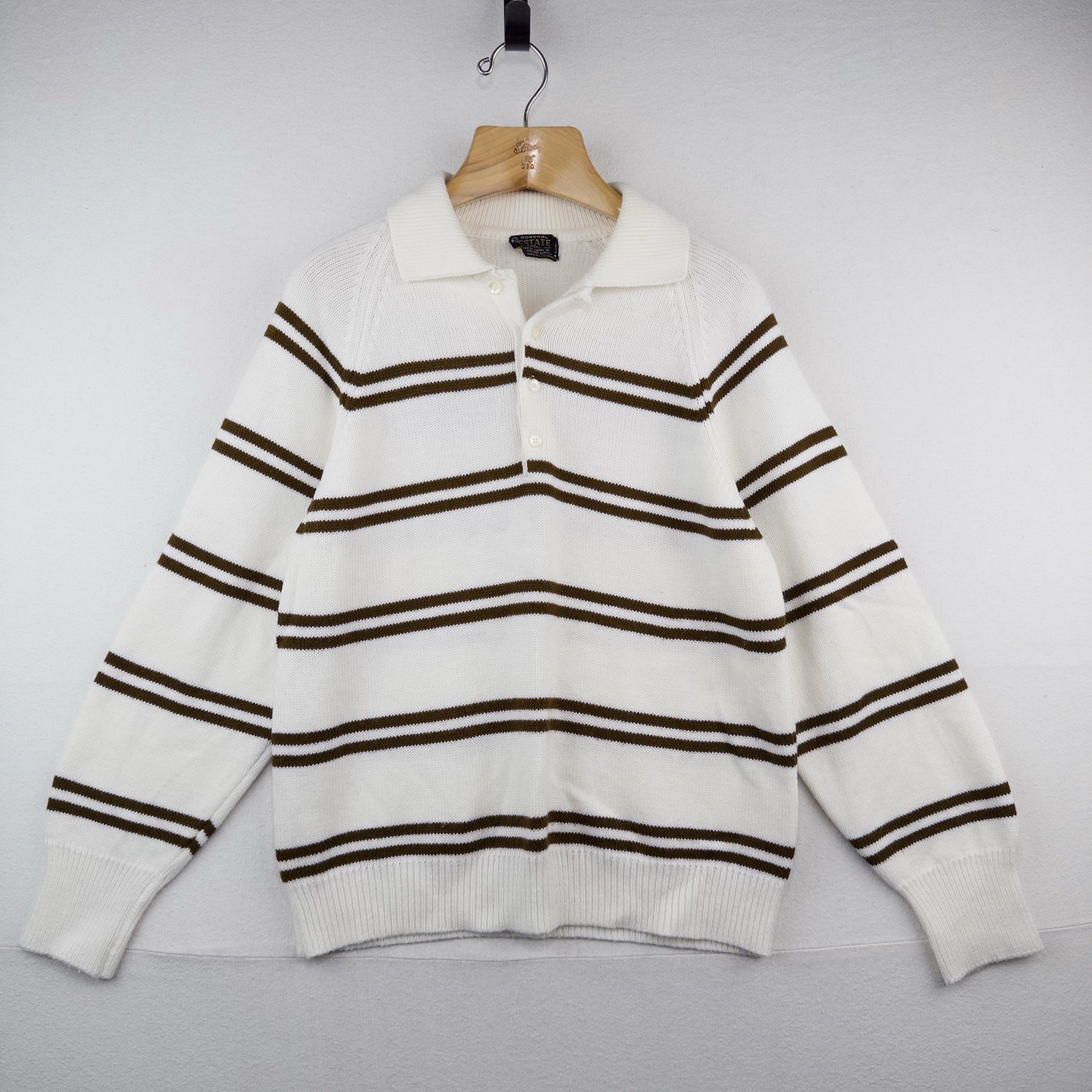 60’s Vtg Donegal Estate Mens L Orlon Acrylic Knit Polo Sweater Loop Collar Cream