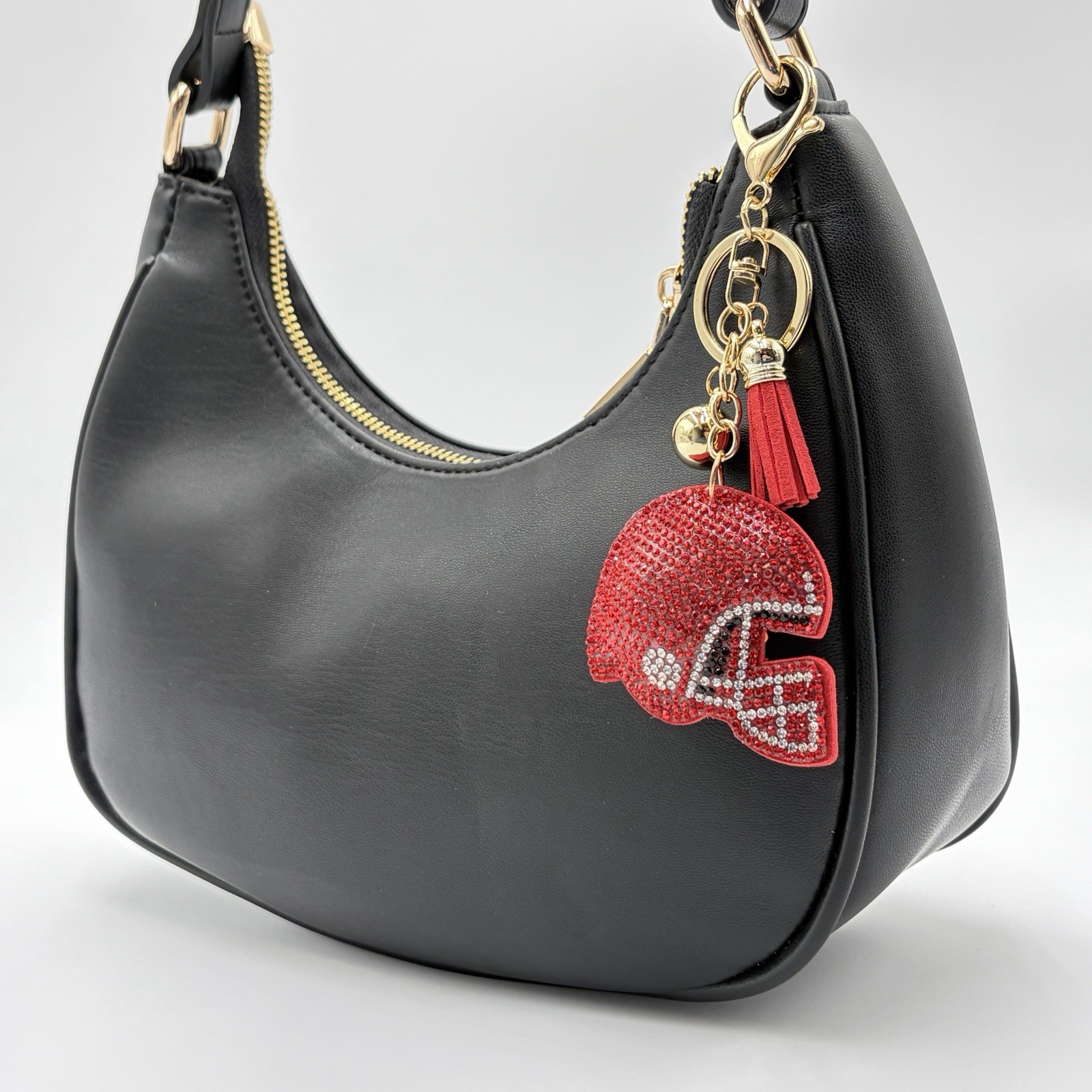 Football Helmet Rhinestone Bag Charm Keychain Sports Fan Tassel Red Gift