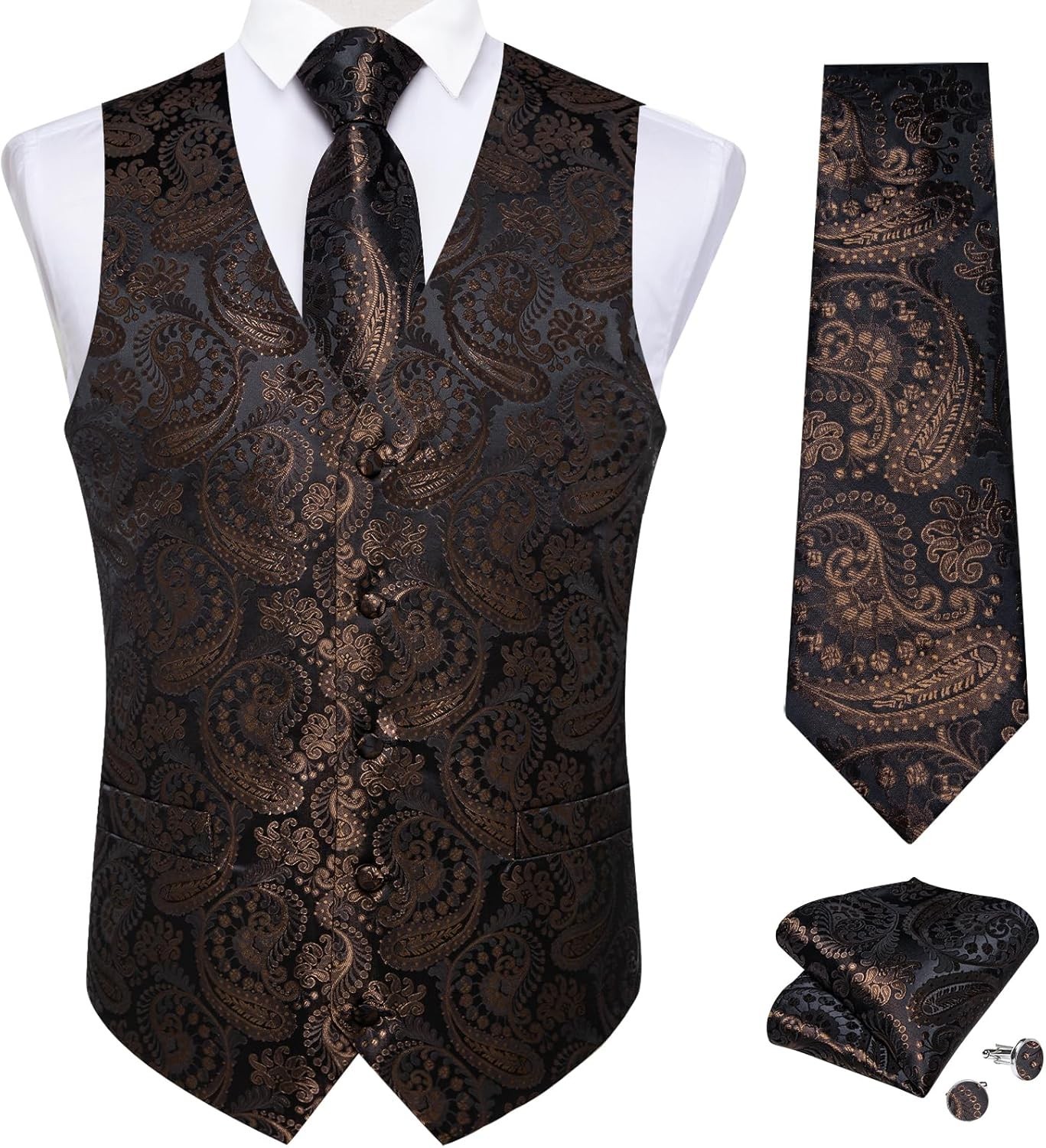 Mens Paisley Silk Vest Tie Pocket Square Cufflinks Set for Wedding Party Formal