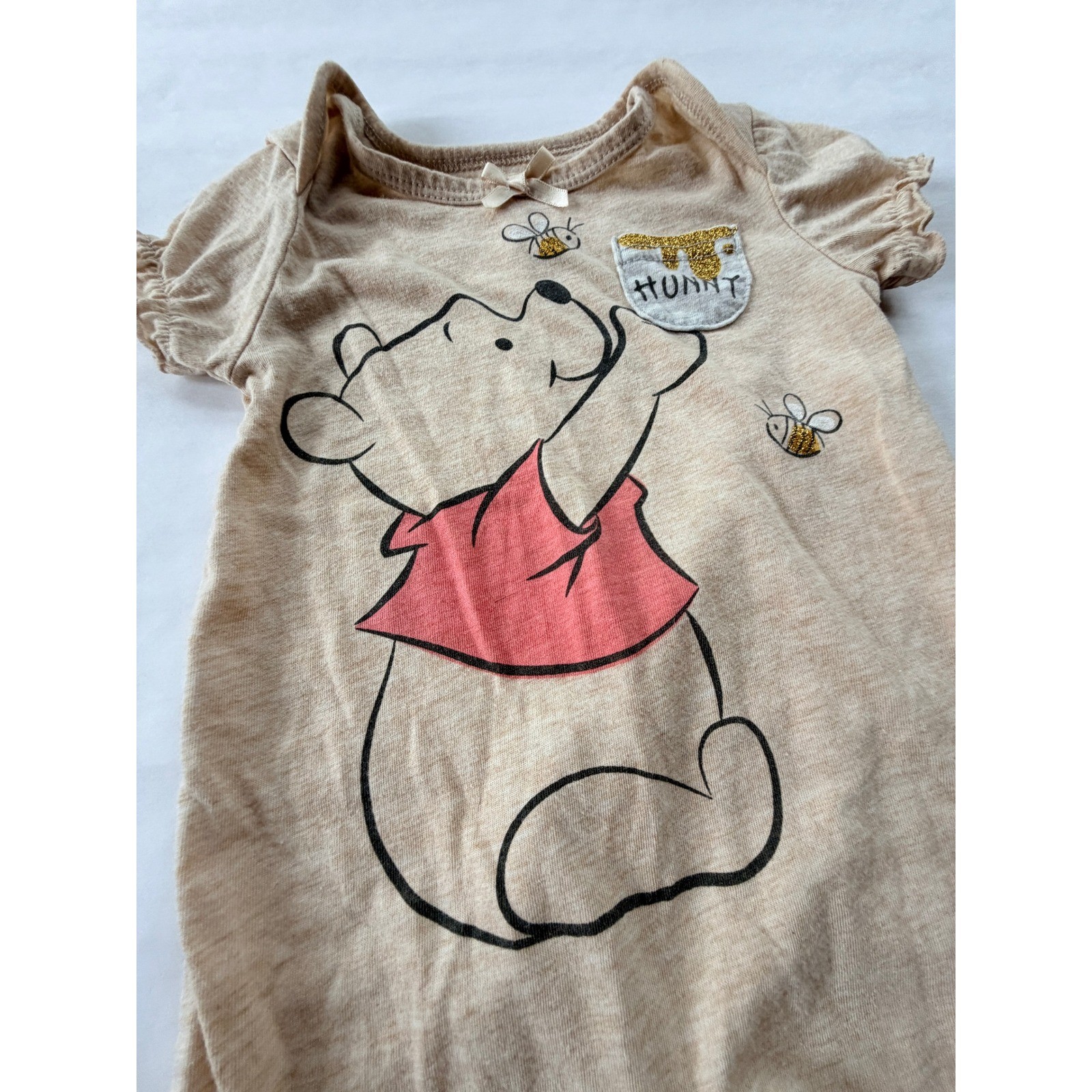 Disney Baby Winnie the Pooh Tan Glitter Hunny Pot Romper 6-9M Short Sleeve