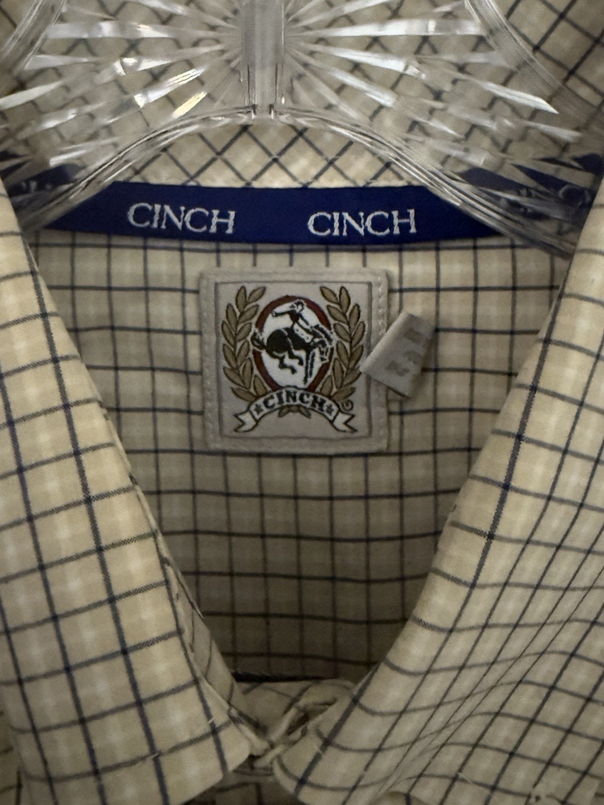 Cinch Blue/Beige/White Plaid Button Front Oxford Shirt 100% Cotton EUC Men’s L