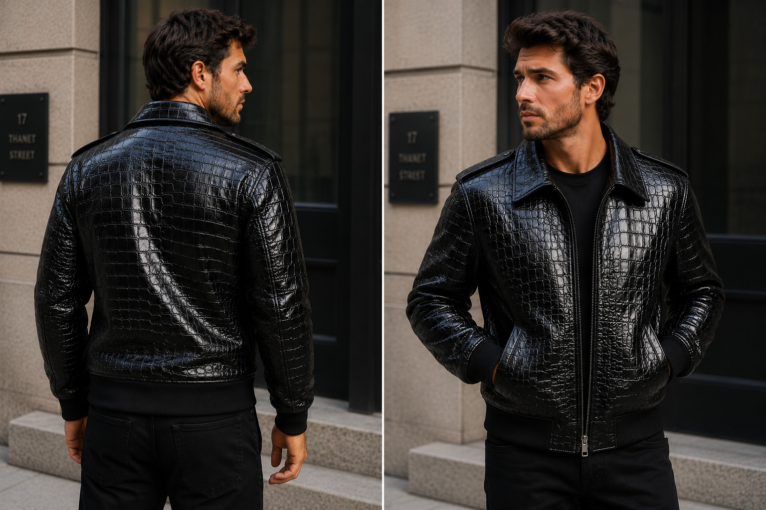 Men’s Black Real Leather Crocodile Embossed Luxury Alligator Print Bomber Jacket